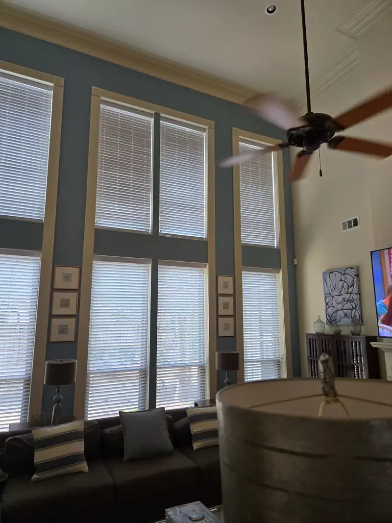 Two-story great room, blue-gray walls